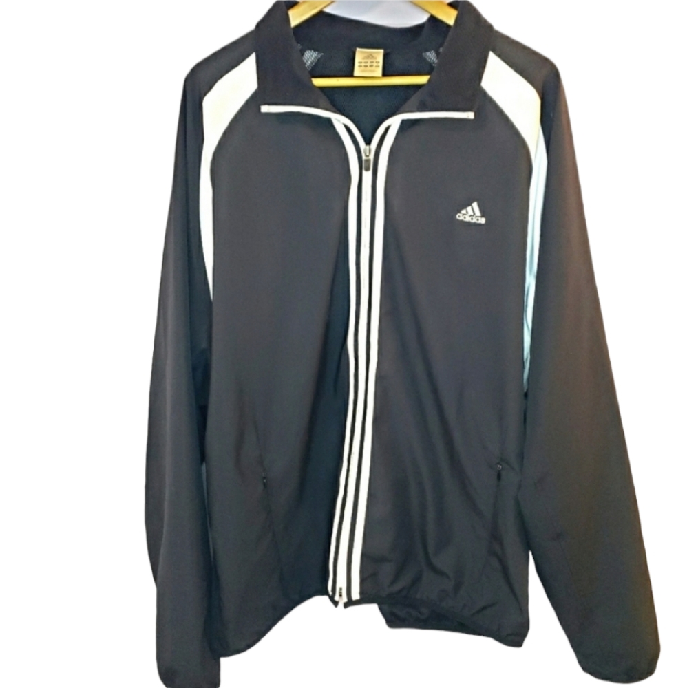 Adidas ClimaProof Windbreaker Black White Stripes Full Zip Jogging Jacket Sz XL